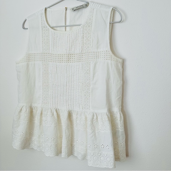 Zara Lace Crew Neck Tank Top Blouse Crochet Boho sleeveless Eyelet - Picture 6 of 6